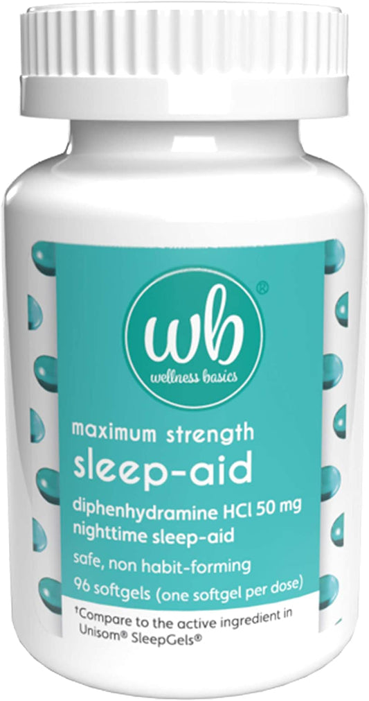 Wellness Basics Maximum Strength Sleep-Aid 50mg Nighttime Sleep Aid Non-Habit Forming, 96 Softgels