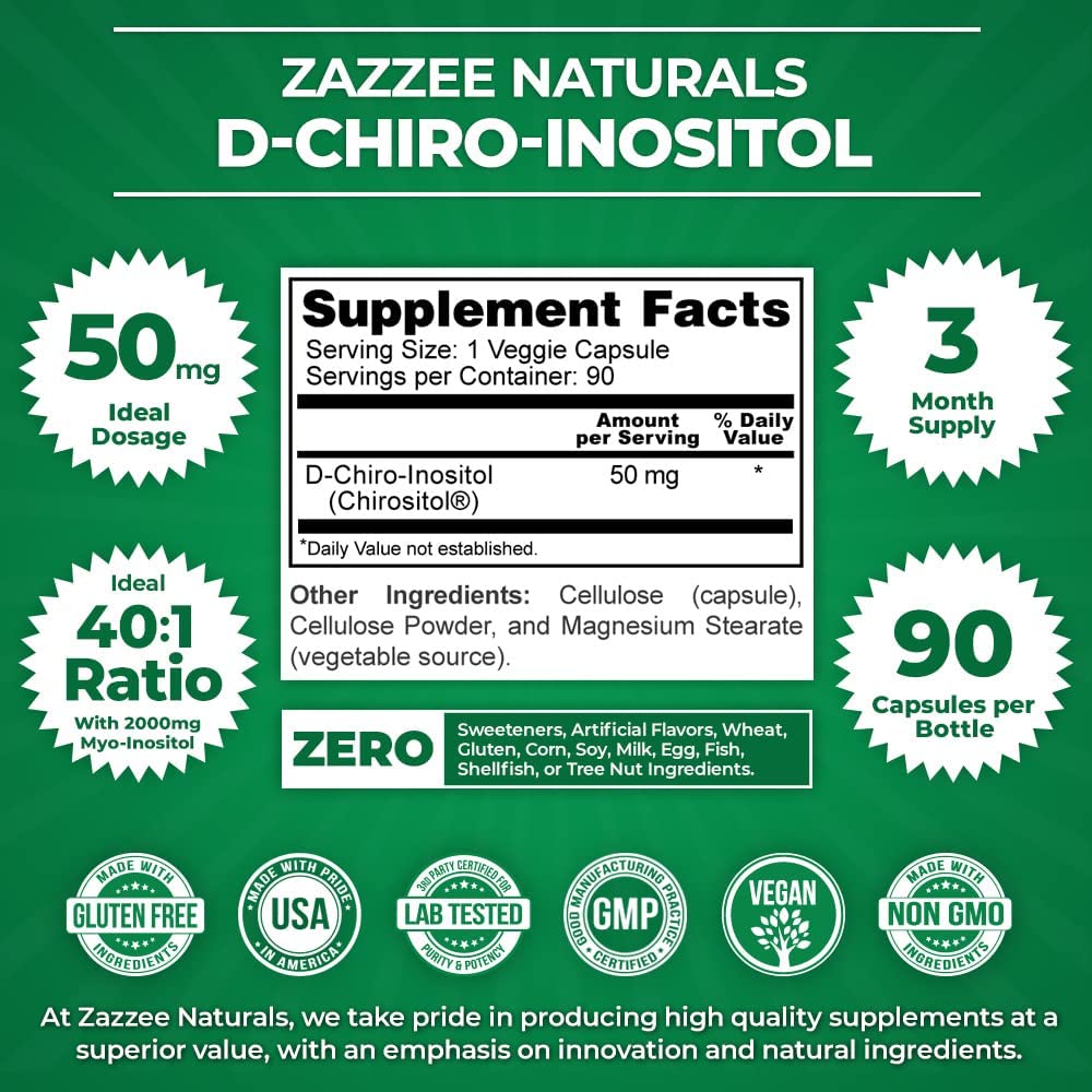 Zazzee D Chiro Inositol 50 mg Per Capsule Dietary Supplement 90 Veggie Capsules