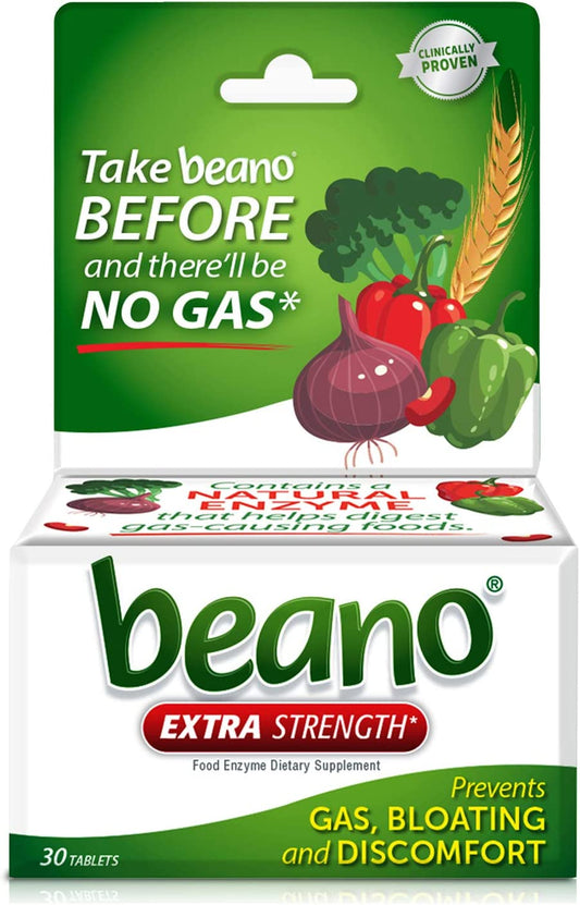 Beano Extra Strength Prevents Gas Bloating And Discomfort Food Enzyme Dietary Supplement 30 Tablets