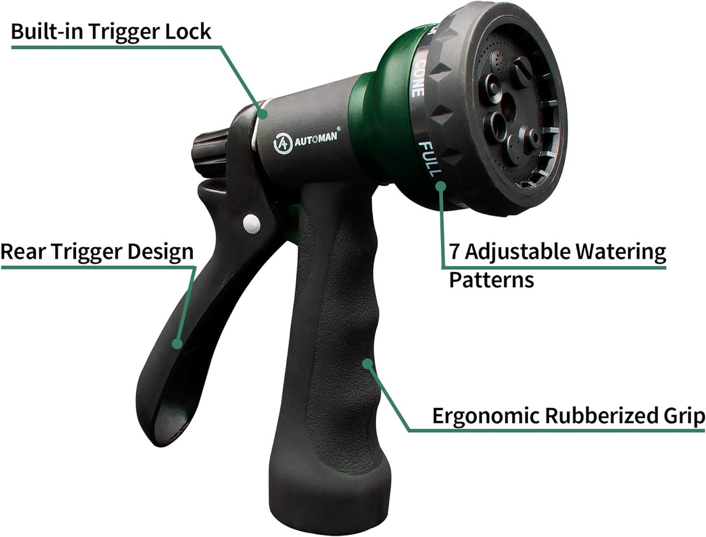 Automan Garden Hose Nozzle 7 Adjustable Watering Patterns