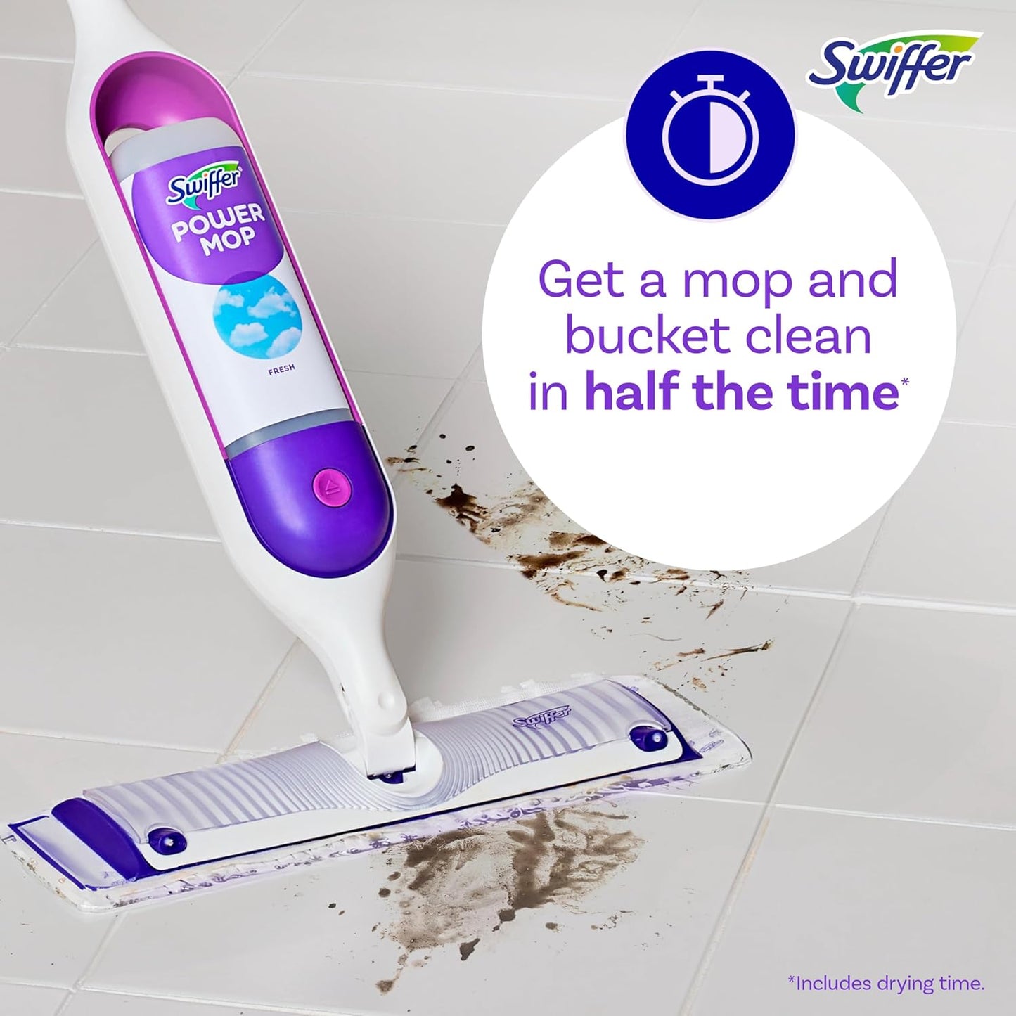 Swiffer Power Mop Multi-Surface Mop Kit for Floor Cleaning, Includes PowerMop, 2 Mopping Pad Refills, 1 Cleaning Solution With Fresh Scent And 2 Batteries