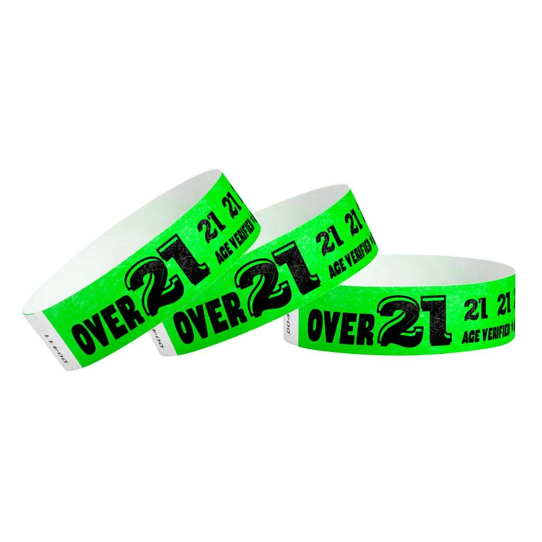 WristCo Over 21 Neon Green 3/4" Tyvek Paper Wristbands for Events, Pack of 200