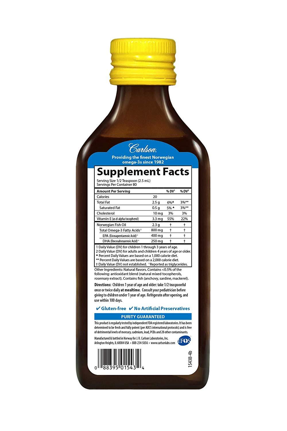 Carlson Kid's The Very Finest Fish Oil 800 mg Omega 3 Natural Lemon Flavor 6.7 fl. oz 200 mL