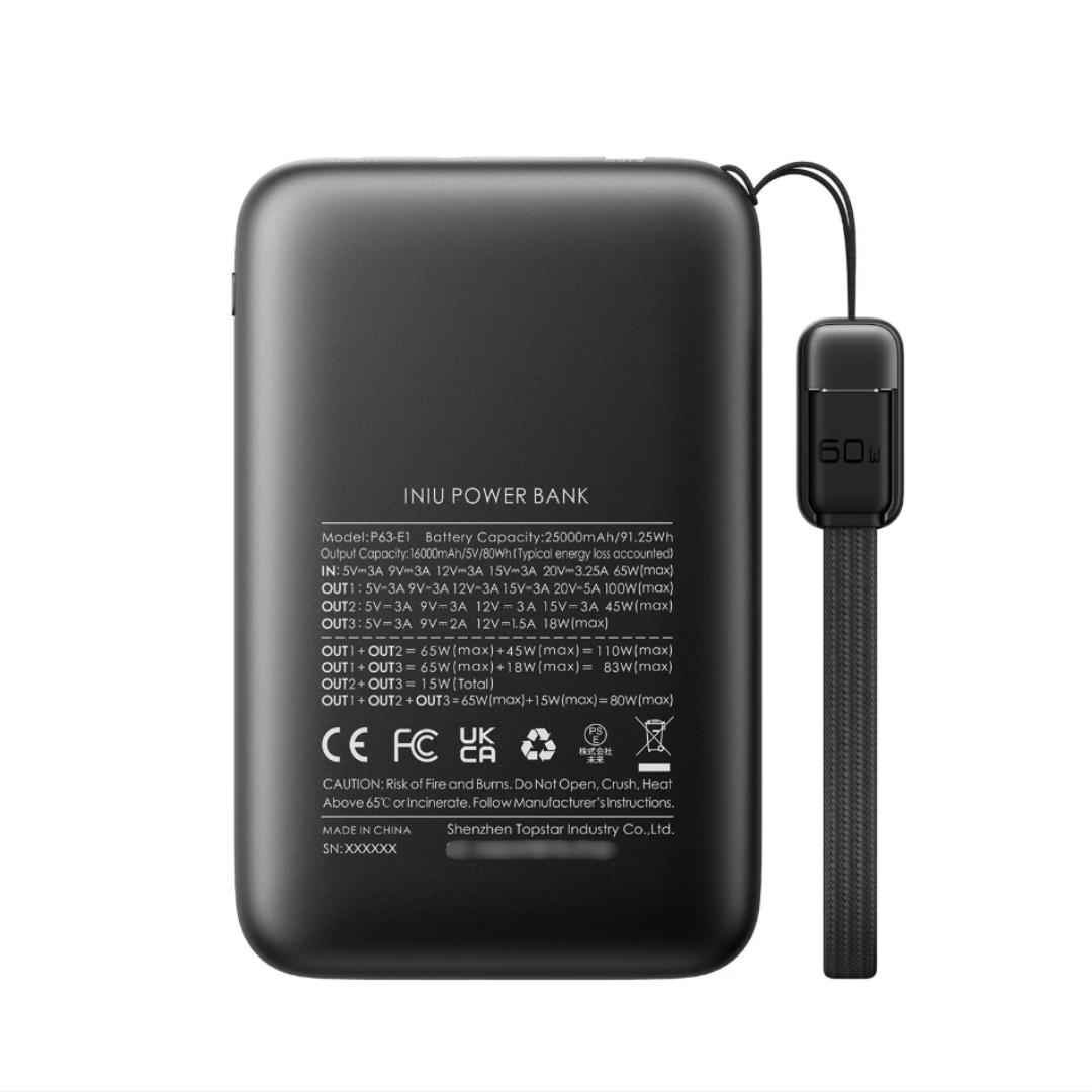 INIU P63 100W Fast Charging Power Bank 25000mAh, Black