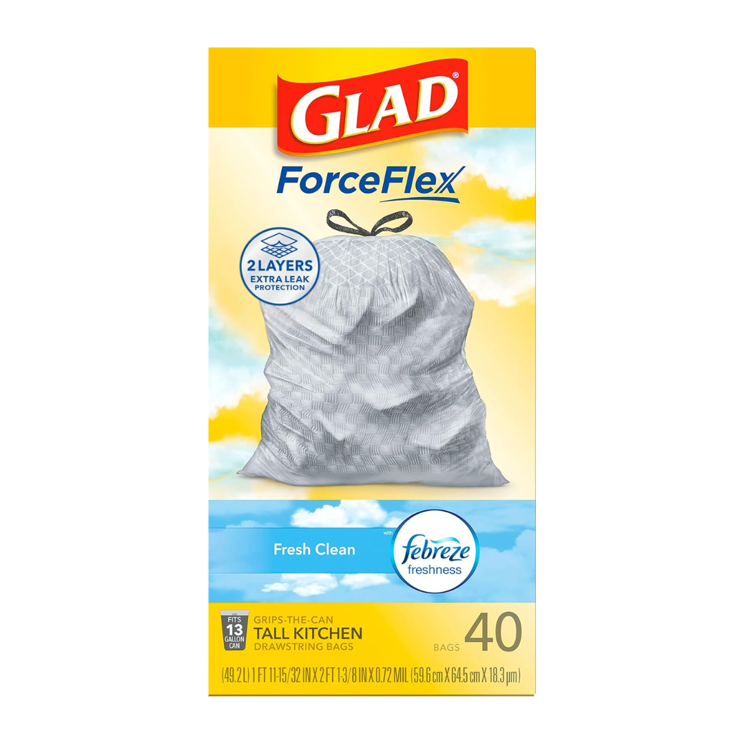 GLAD ForceFlex Tall Kitchen Trash Drawstring Bags, 40 Pcs Bag