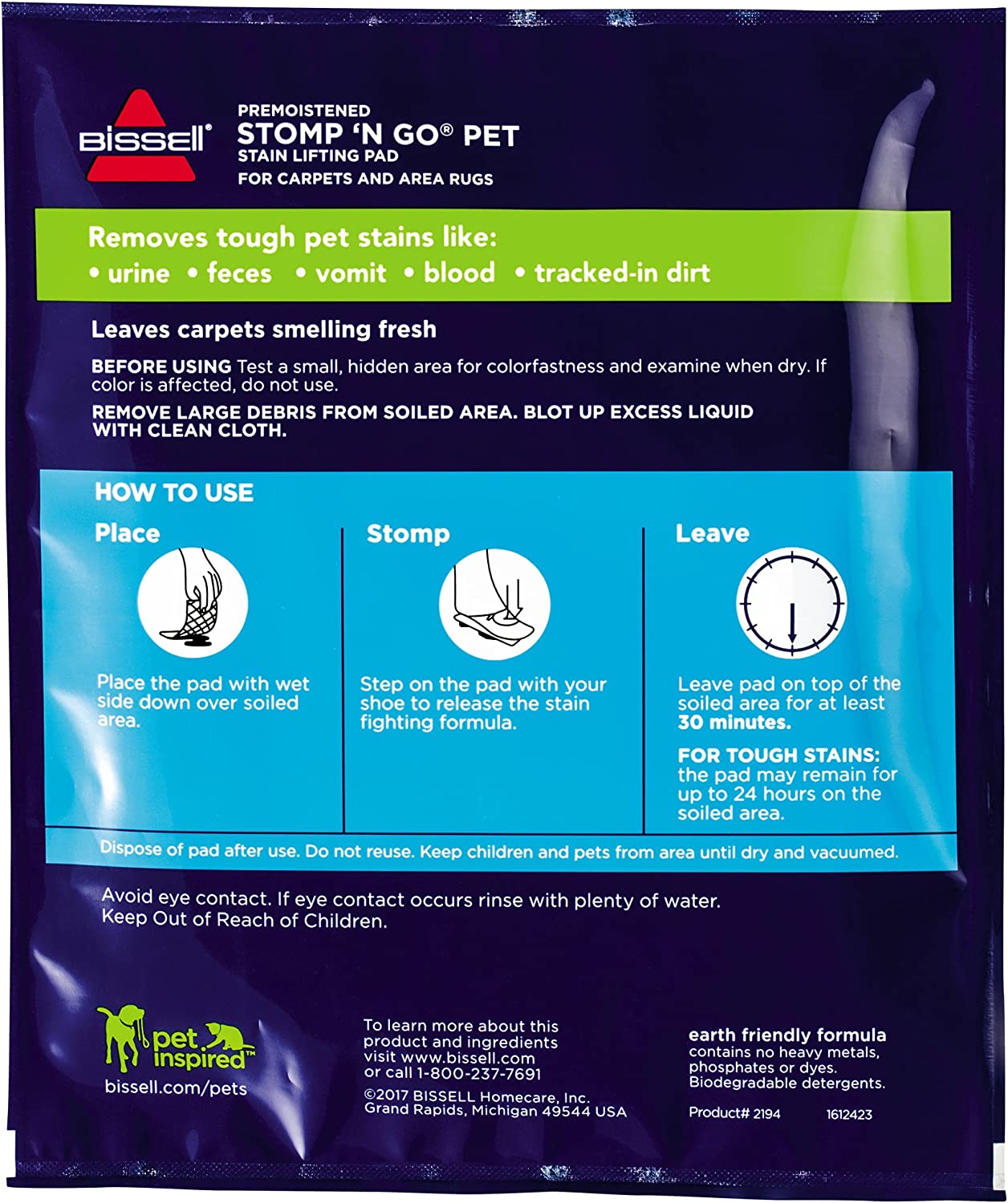 Bissell Stomp N Go Pet Stain Lifting Pad 4 in x 8.25 in (1 Premoistened Wrapped Pad)