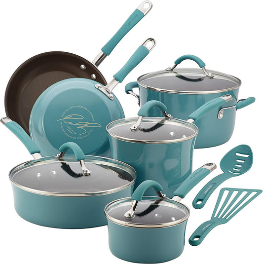 Rachael Ray Cucina Nonstick Cookware Pots and Pans Set, 12 Piece, Agave Blue 7.4kl