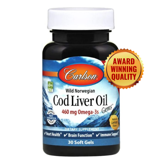 Carlson Wild Norwegian Cod Liver Oil Gems, 460 mg Omega-3s, Natural Lemon 30 Softgels