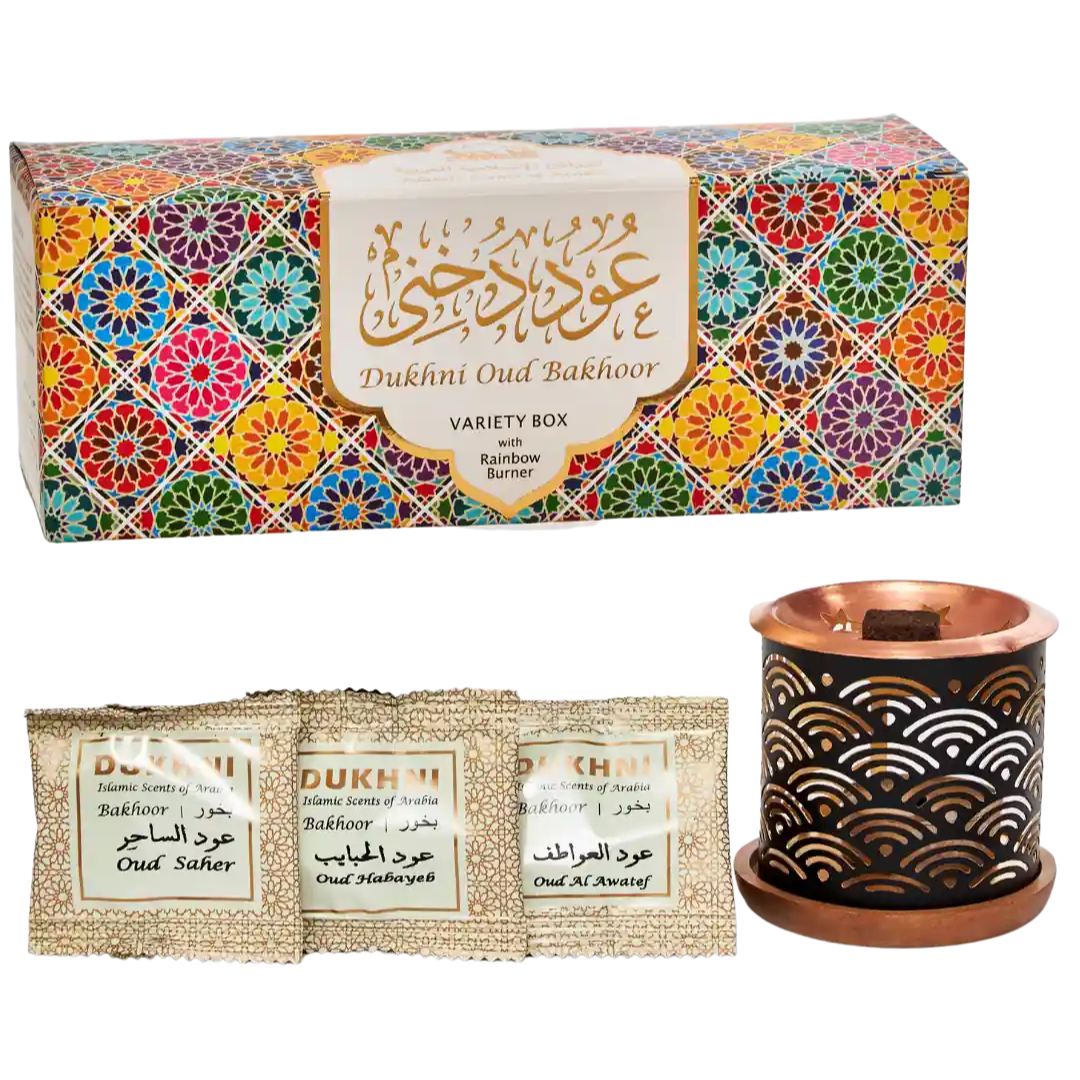 Dukhni Oud Bakhoor Incense Variety Box with Rainbow Burner Starter Kit