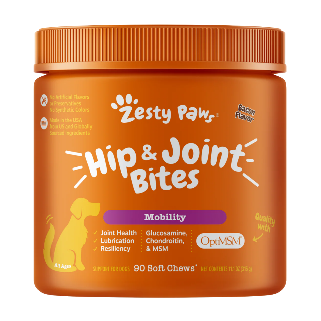 Zesty Paws Mobility Bites Glucosamine with Chondroitin & MSM Hip & Joint Health for Dogs, Bacon Flavor - 90 Soft Chews