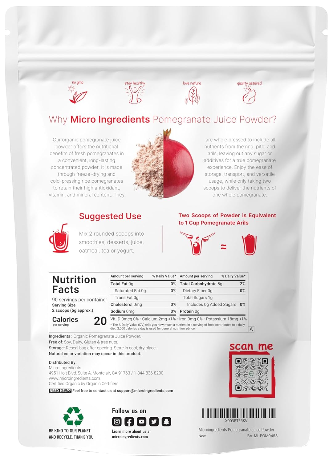 Microingredients Organic Freeze-Dried Pomegranate Juice Powder, 454 g / 1 lb.