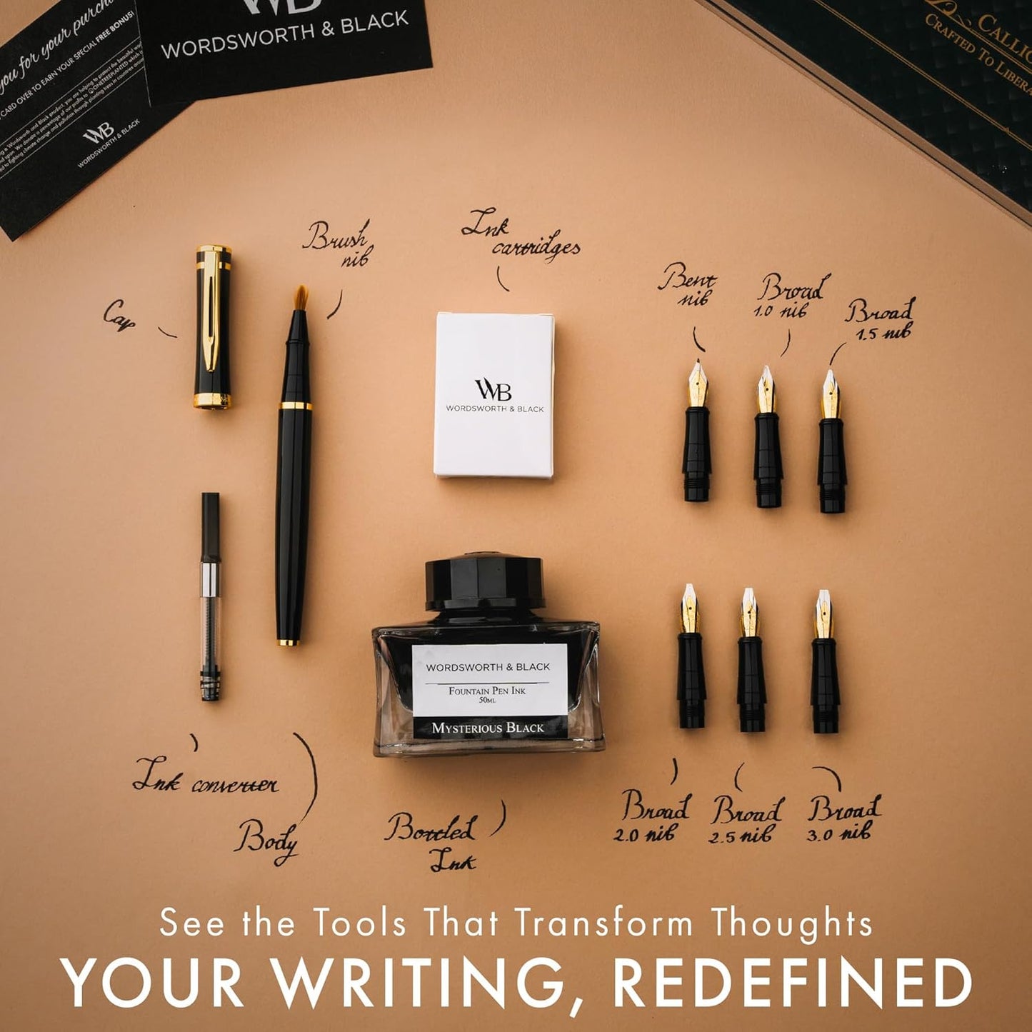Wordsworth & Black Calligraphy Pen Set, Includes 6 Nibs, Pointed Brush, Ink, Ink Converter and Cartridges