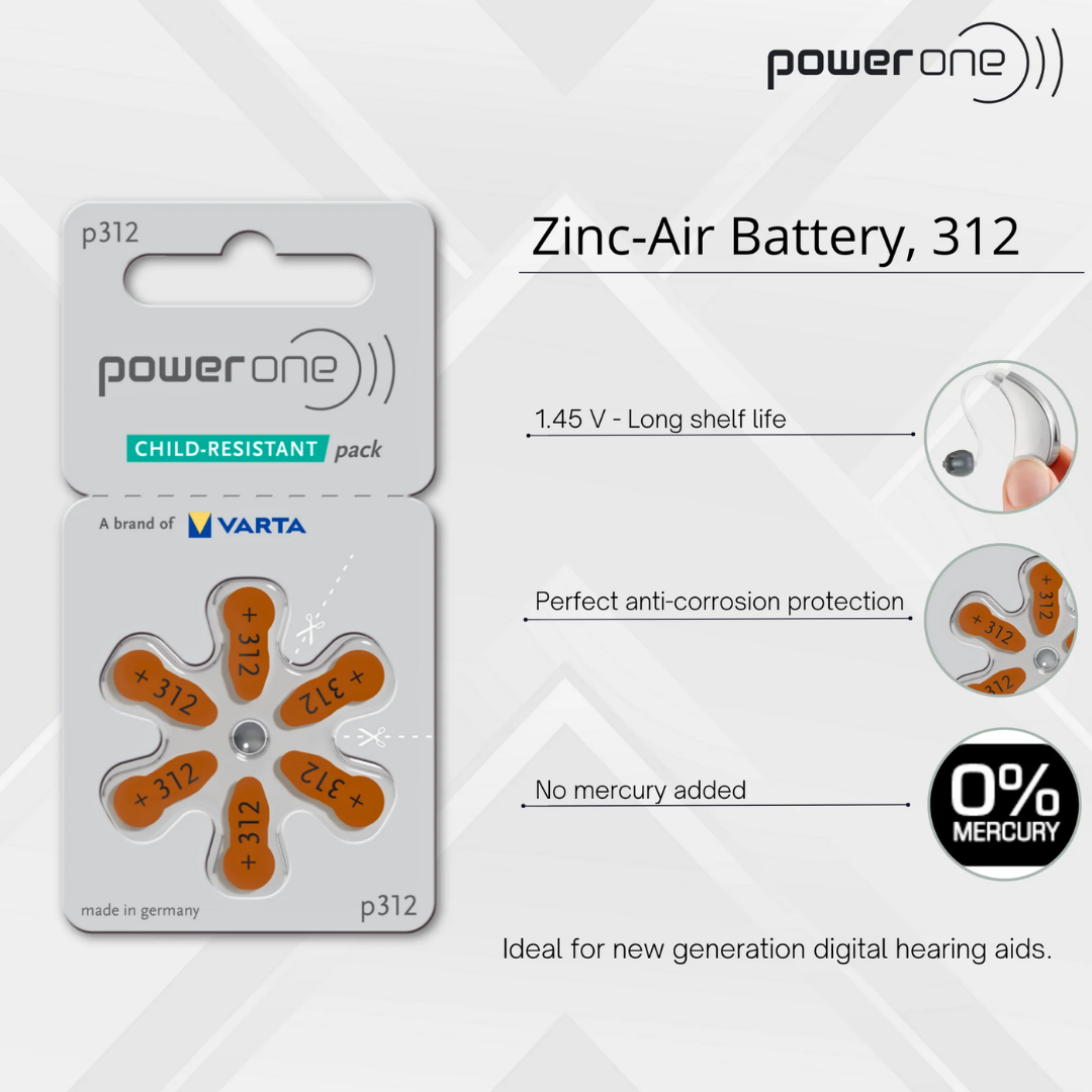 Power One p312 Hearing Aid Batteries 1.45v 1 Pack 6 Batteries