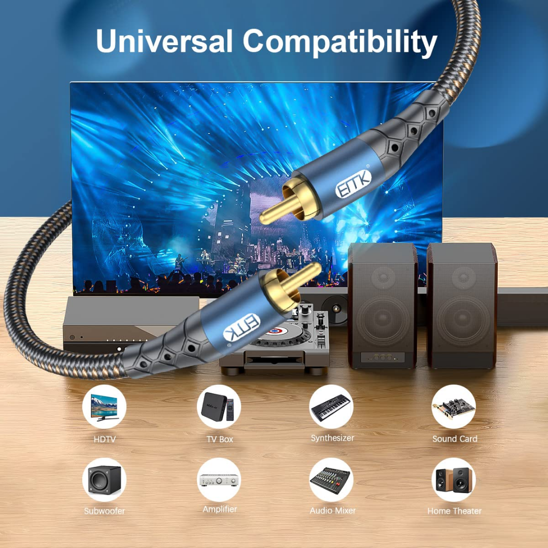 EMK RCA to RCA Subwoofer Audio Cable 24K Gold-Plated Nylon Braided Double Shielded, (6.6 FT / 2 m)