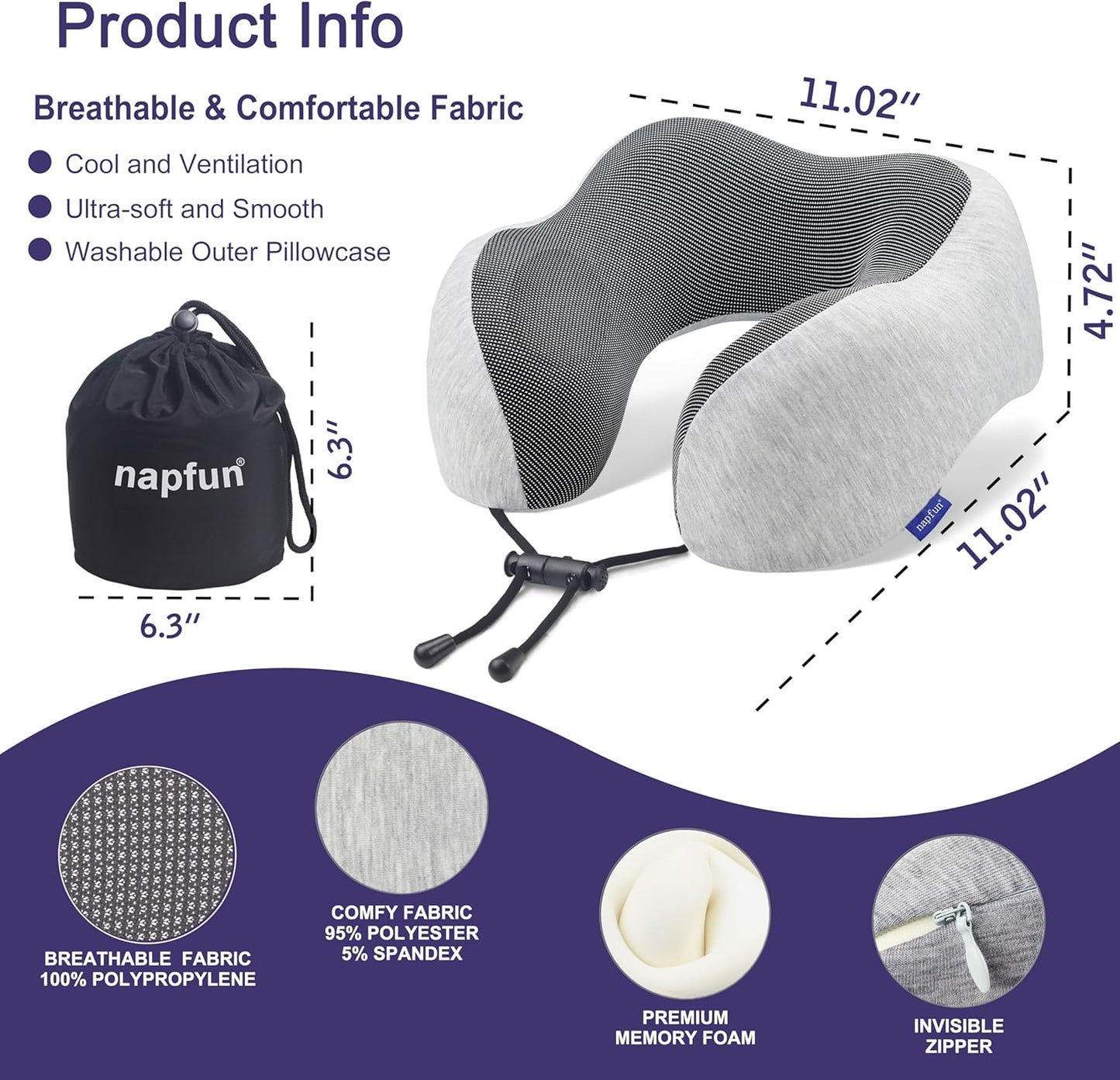Napfun Upgraded Travel Neck Pillow, Light Grey, 1 Count
