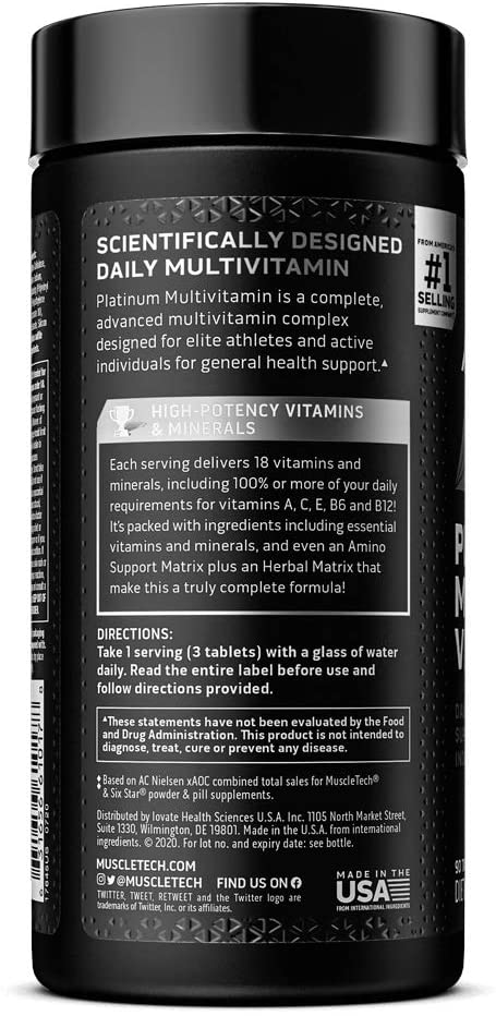 MuscleTech Platinum Multi Vitamin for Men, 90 Tablets Daily Nutritional Support for Active Individuals
