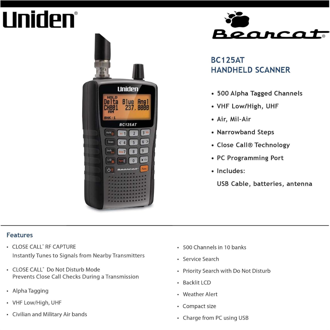 Uniden Bearcat BC125AT Portable 500-Channel Scanner with Alpha Tagging, 1 Count