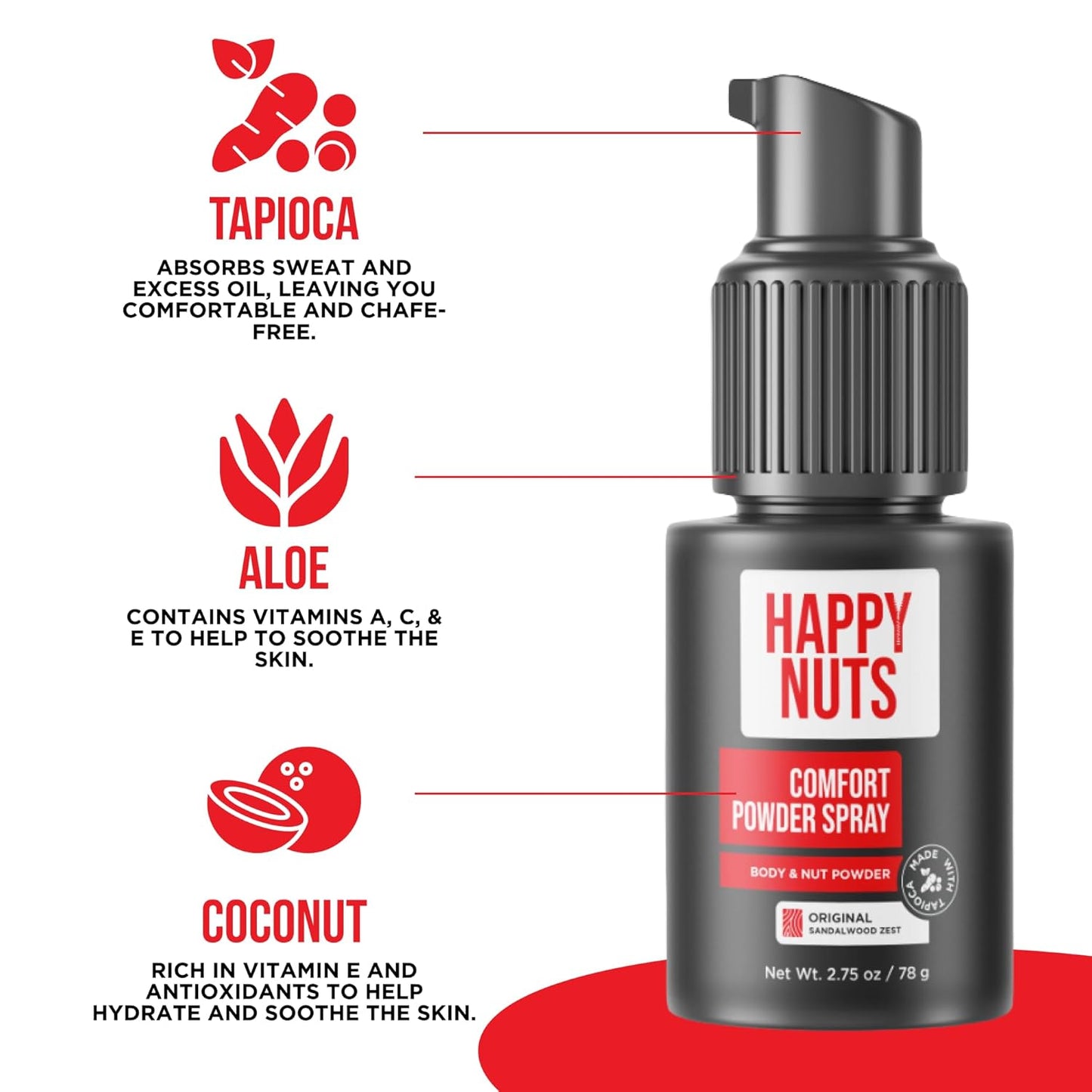 HAPPY NUTS Comfort Powder Spray Anti Chafing & Men's Deodorant Original Sandalwood Zest, 78 g / 2.75 oz