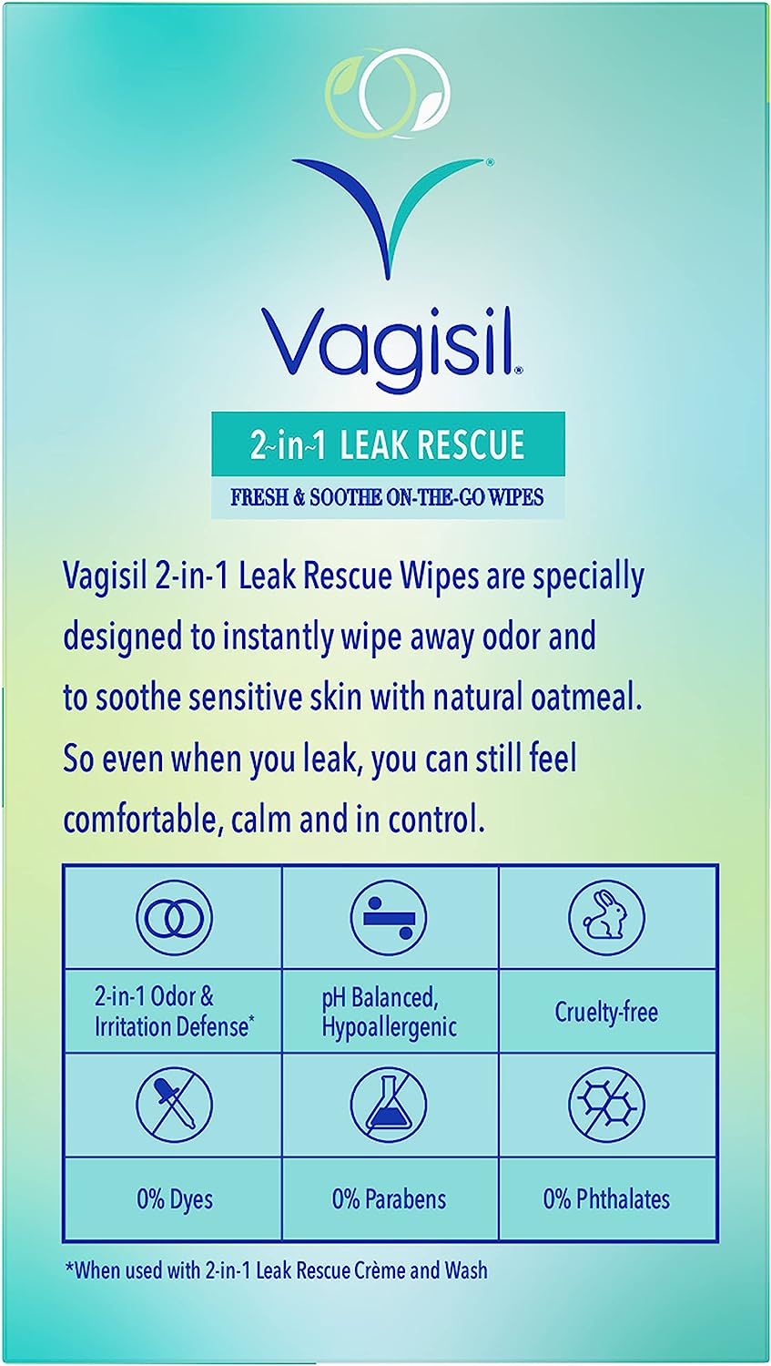 Vagisil 2 in 1 Leak Rescue Fresh & Soothe On The Go Wipes 12 Count (18.5cm x 12.7cm)