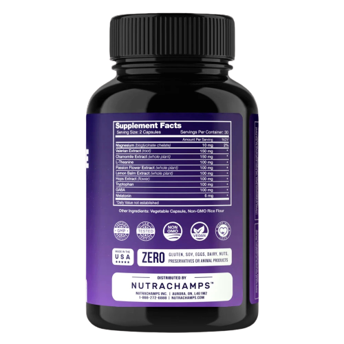 NutraChamps Dreamrite Natural Sleep Aid with Valerian, Chamomile, Magnesium, Melatonin 60 Veggie Capsules