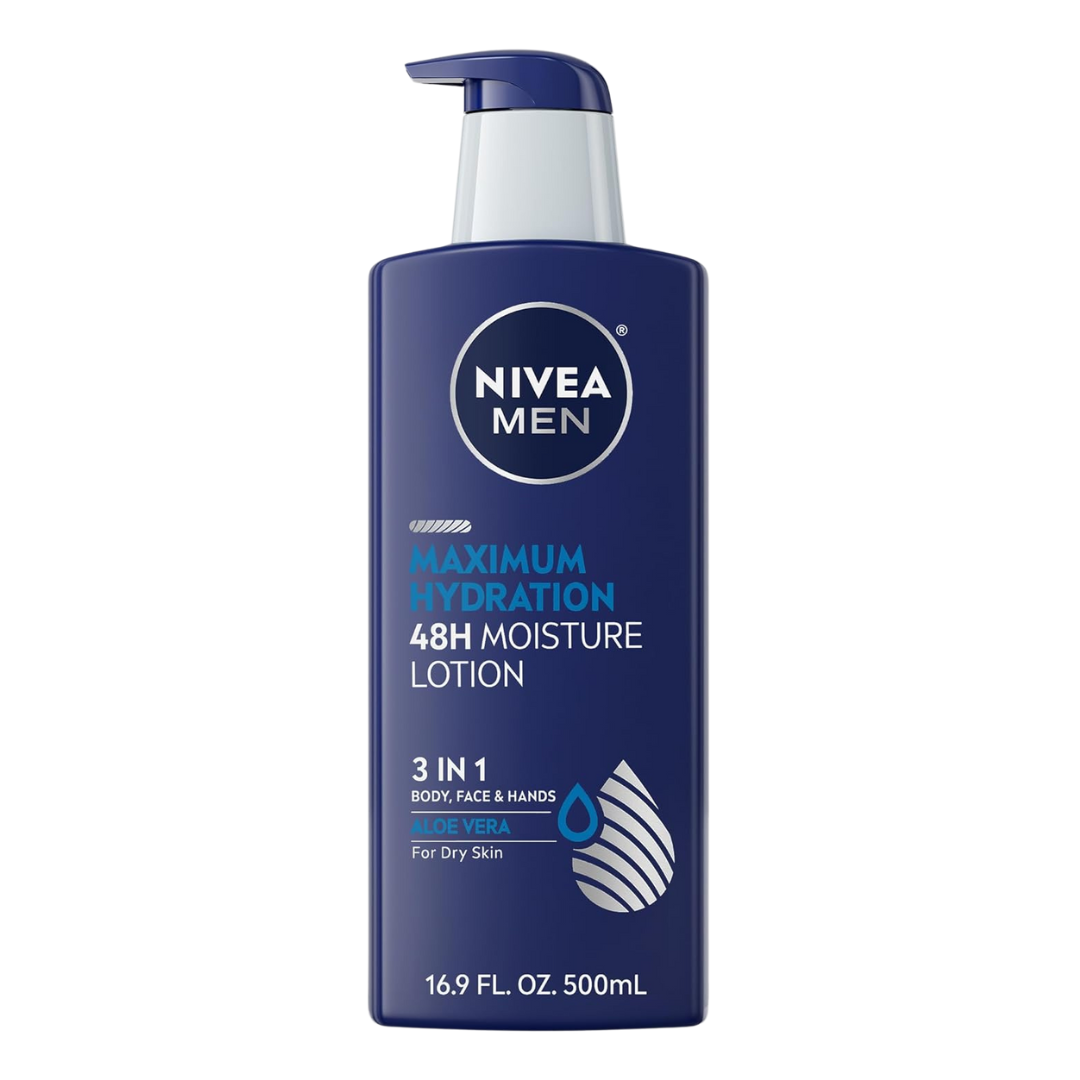 NIVEA Men Maximum Hydration Aloe Vera 3-in-1 Nourishing Lotion for Body, Face & Hands, 16.9 fl.oz / 500 ml