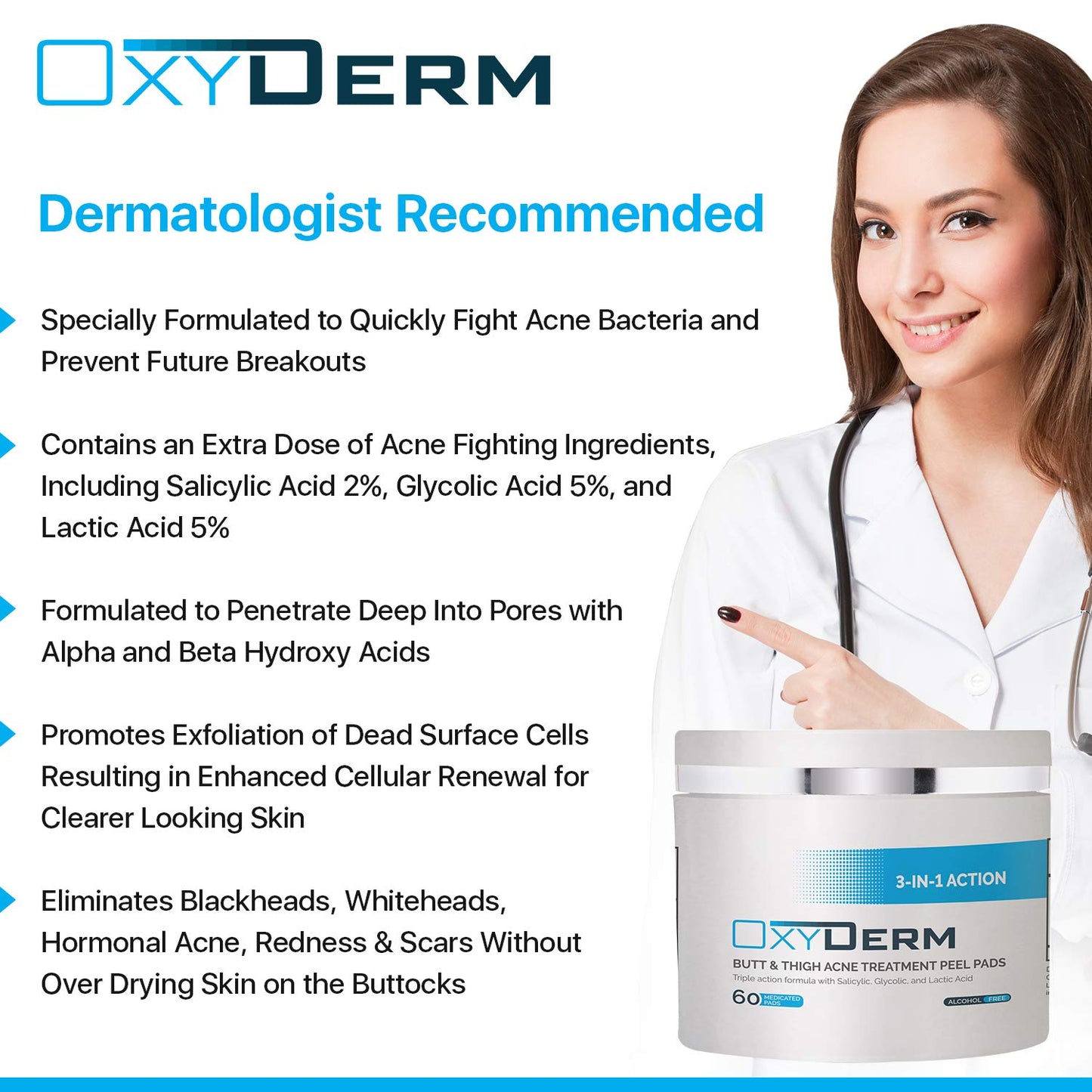 Oxyderm 3-In-1 Action Butt & Thigh Acne Treatment Peel Pads with Salicylic, Glycolic and Lactic Acid, 60 Medicated Pads