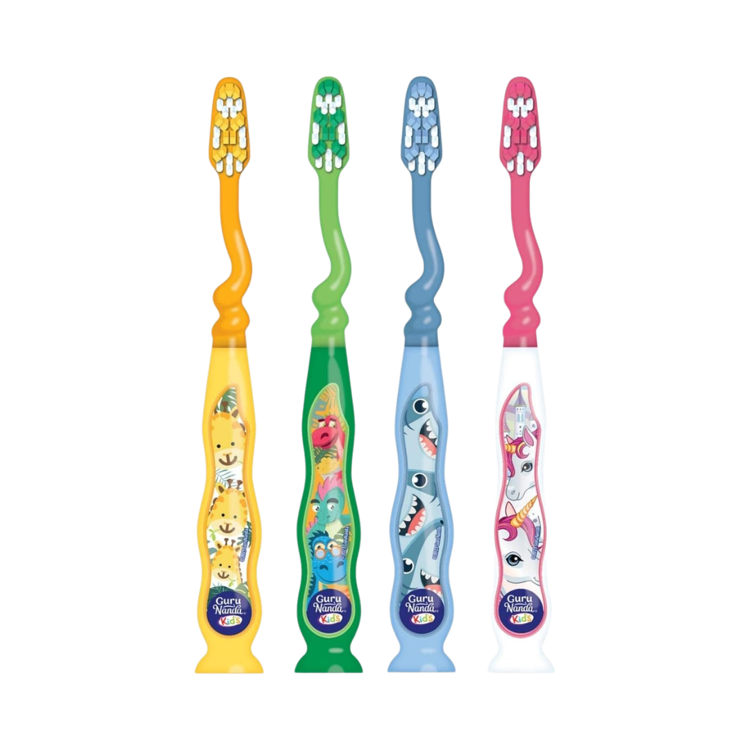 Guru Nanda Kids Ages 3+, 4 Soft Toothbrushes with Suction Cup Stand