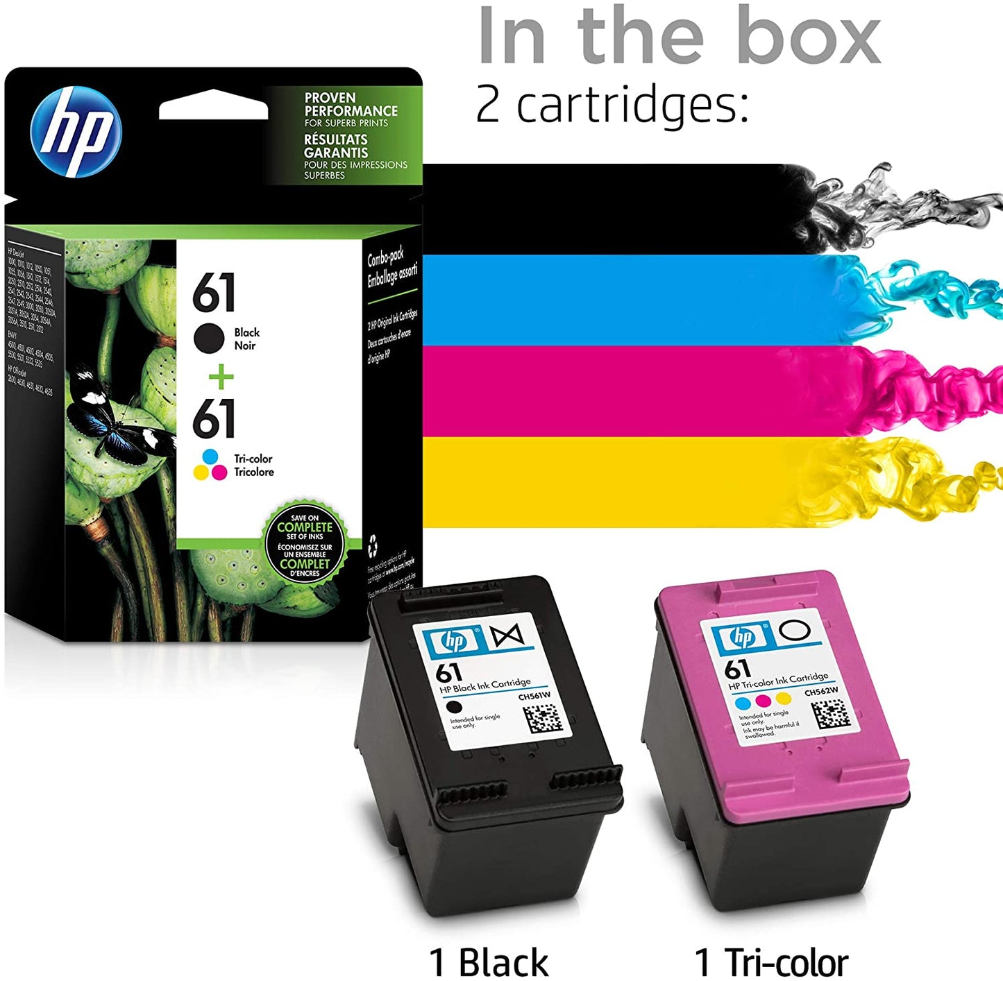 HP 61,  2 Ink Cartridges, Black and Tri-color CH561WN, CH562WN