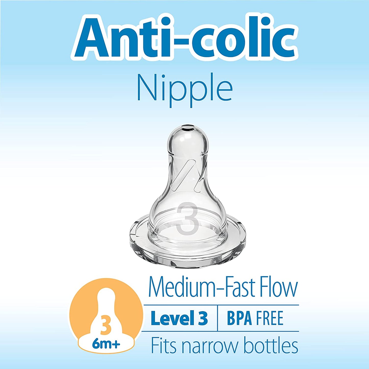 Dr. Brown’s Medium-Fast Flow, Narrow Baby Bottle Silicone Nipple, 100% Silicone Bottle Nipple, 6 Pack