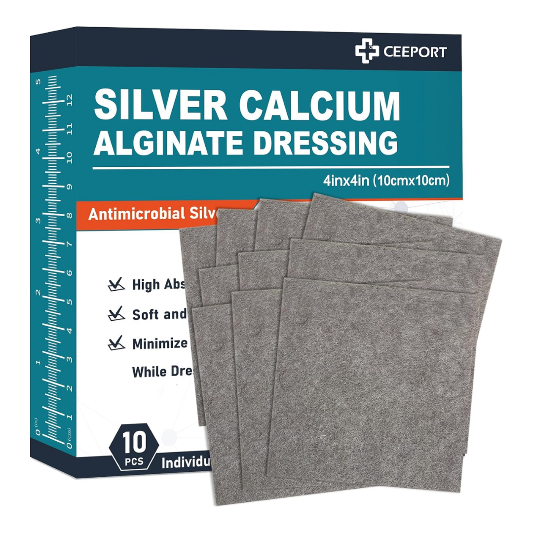 Ceeport Silver Calcium Alginate Dressing 4" x 4", 10 Count