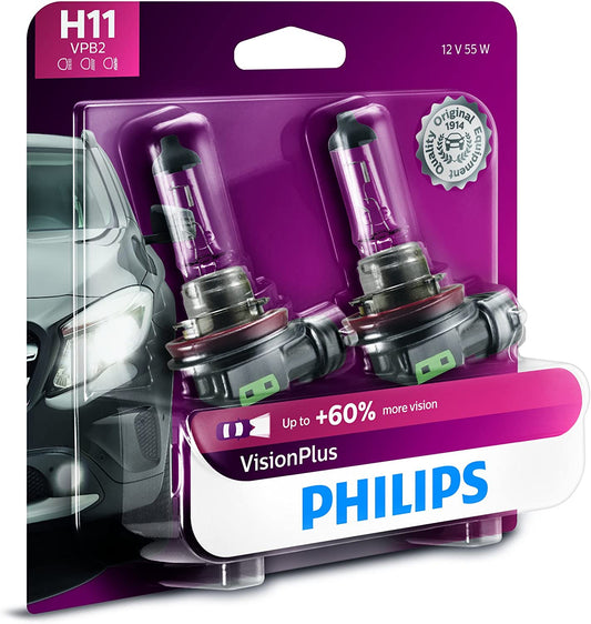 Philips H11 VisionPlus Upgrade Headlight Bulb with up to 60% More Vision 2Pcs Pack of 1