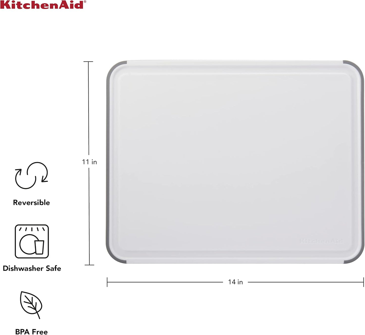 KitchenAid Classic Plastic Cutting Board With Perimeter Trench And Non Slip Edges, Dishwasher Safe, 11 X 14 inch, White And Gray