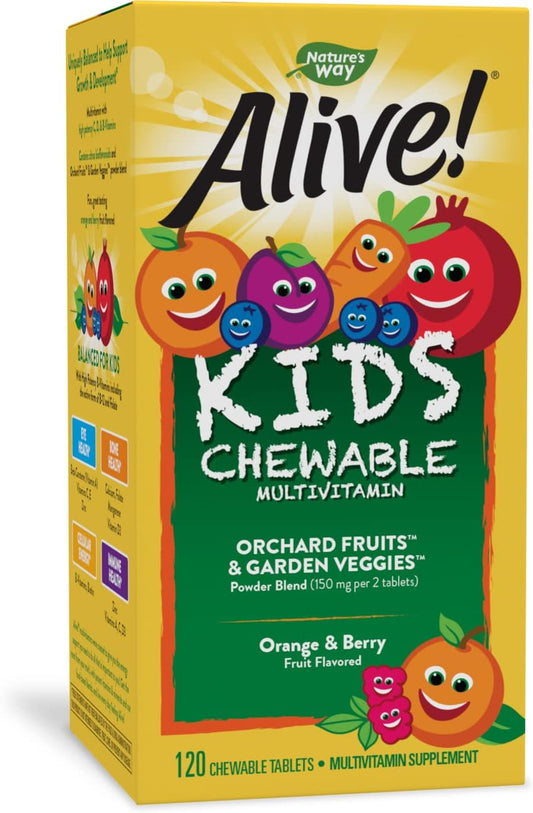 Natures Way Alive Kids Chewable Multivitamins, Orange And Berry Flavor, 120 Chewable Tablets