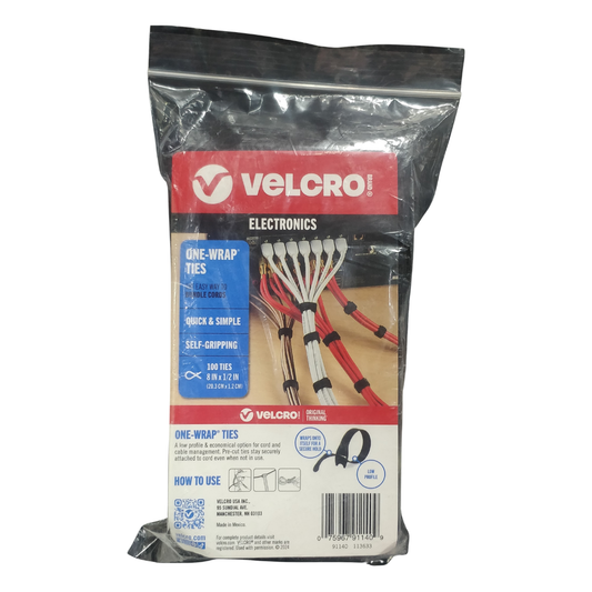 Velcro One-Wrap Thin Ties 8 x 1/2 in, Black, 100 Ties