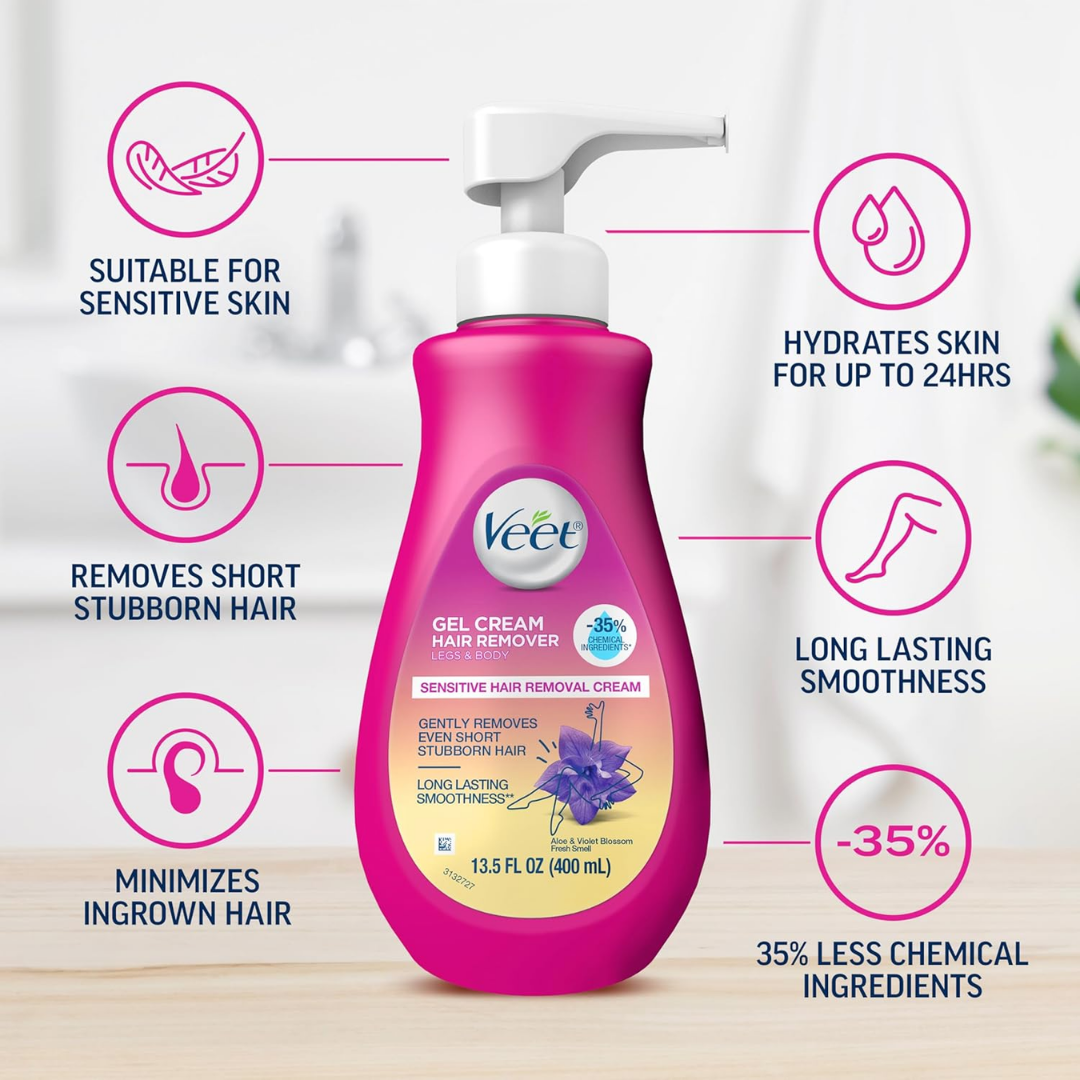 Veet Gel Cream Hair Remover Legs & Body Aloe & Violet Blossom Fresh Smell, 13.5 oz / 400 ml