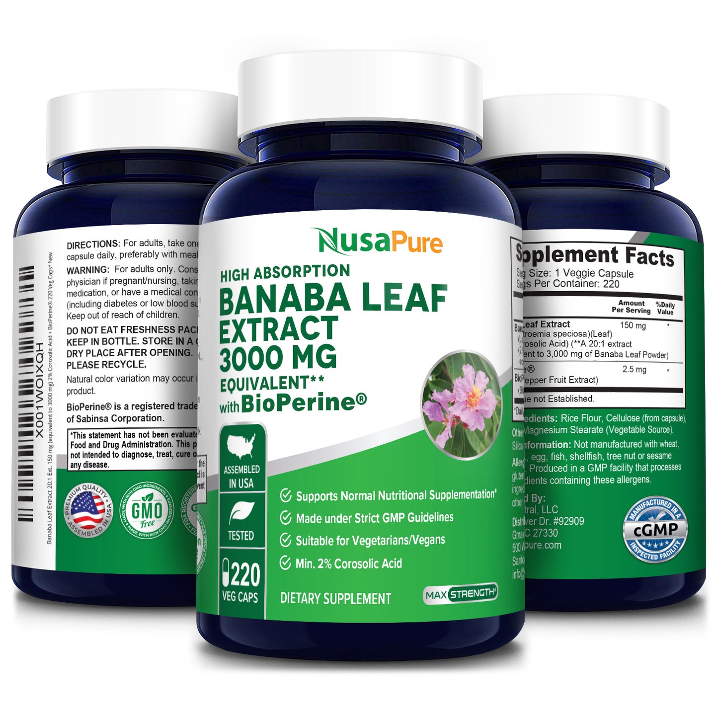 Nusapure High Absorption Banaba Leaf Extract 3000mg, 220 Veggie Caps