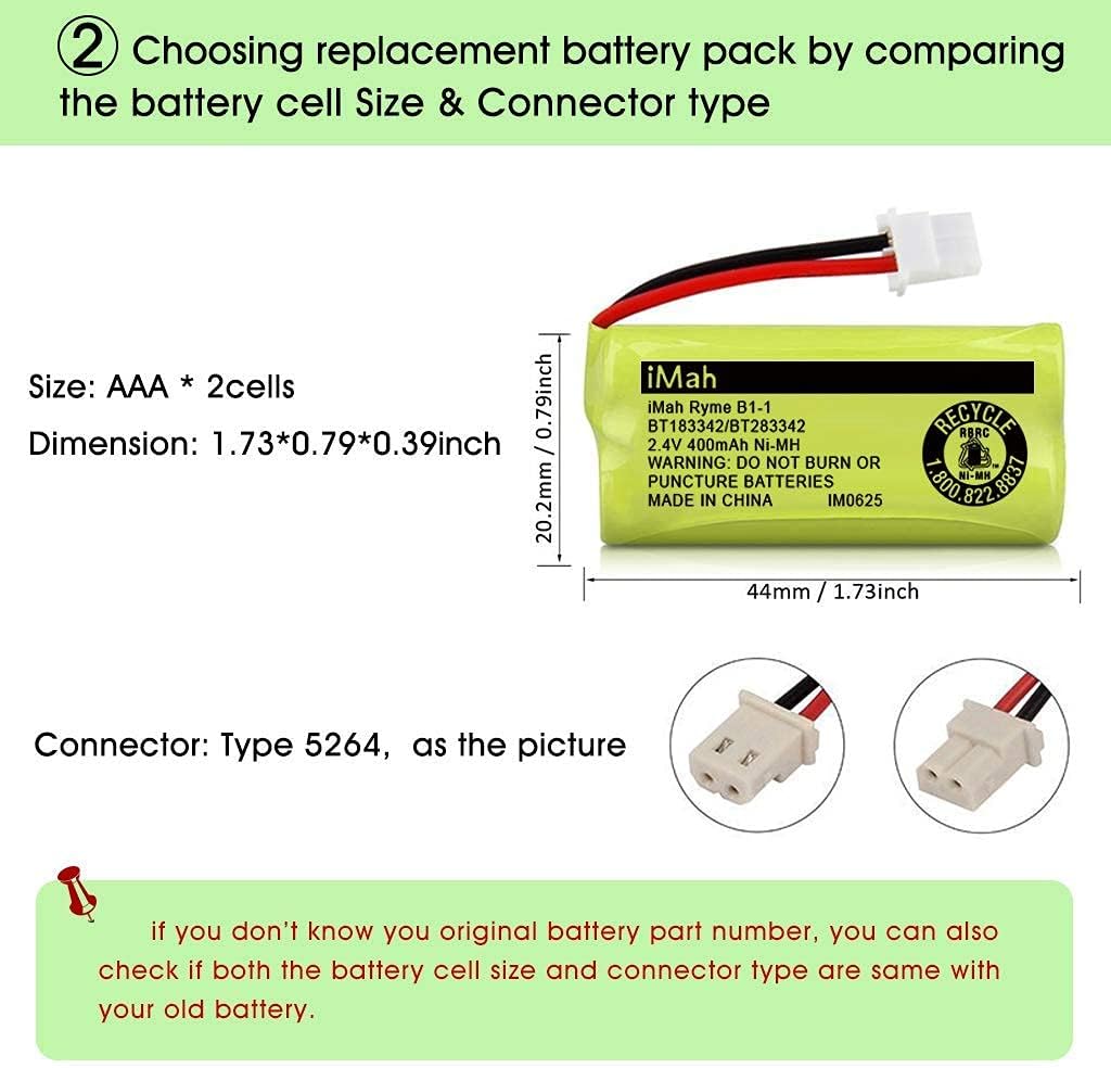IMah Ryme B1-1 Cordless Phone Battery, 2.4V 400mAh Ni-MH, BT183342/BT283342 - 2 Pack