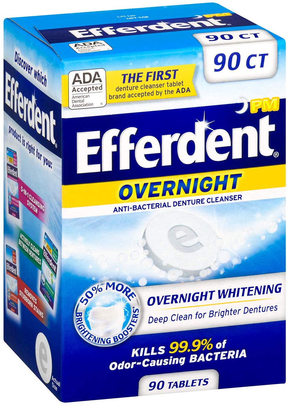 Efferdent PM Overnight Anti-Bacterial Denture Cleanser, 90 Tablets