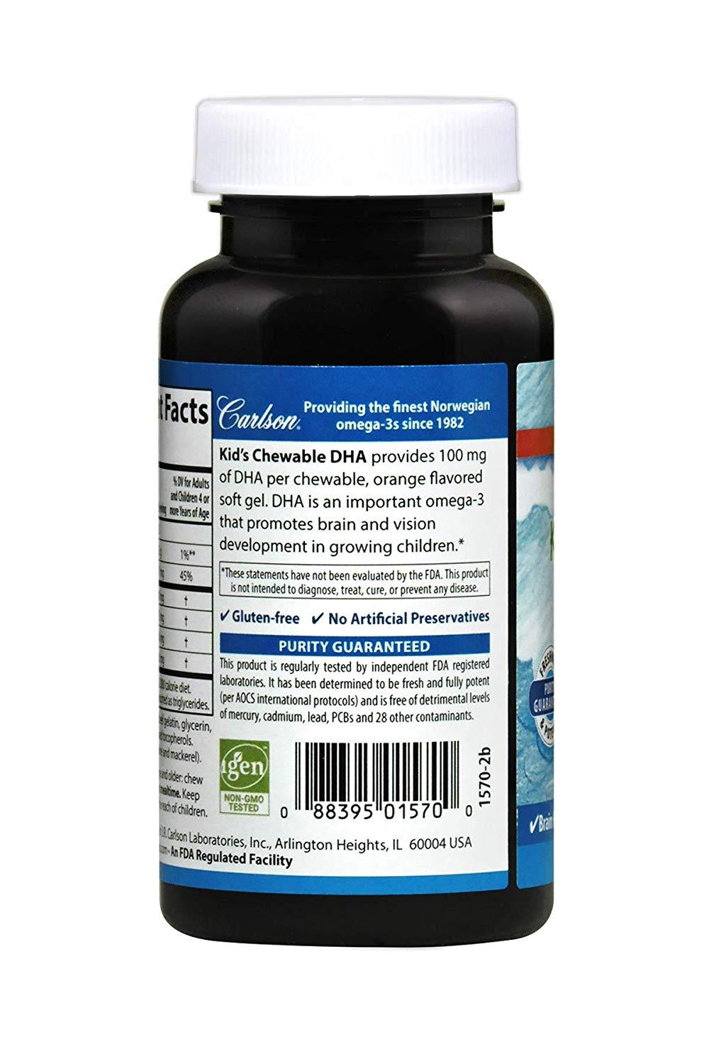 Carlson Kid's Chewable DHA Bursting Orange Flavor 100 mg 60 Softgels Brain, Vision, Growth Development