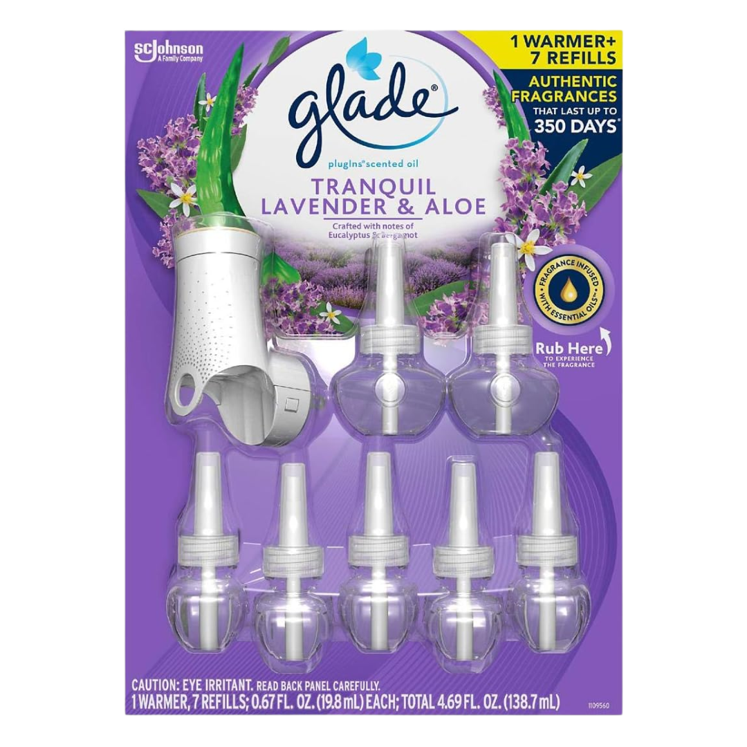 Glade Plug Ins Scented Oil Tranquil Lavender & Aloe, 1 Warner + 7 Refills 120 V