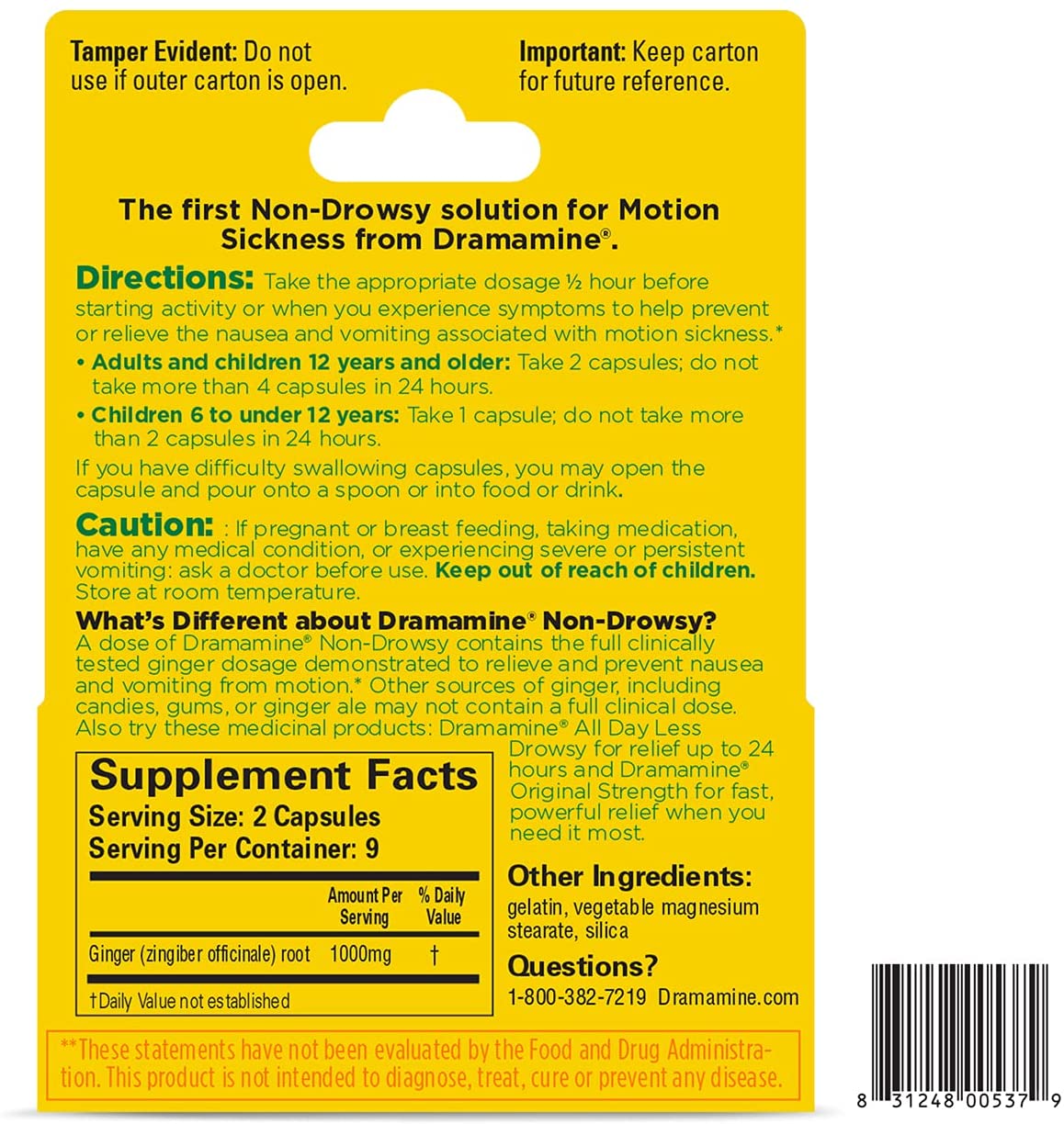 Dramamine Motion Sickness Non-Drowsy Made with Natural Ginger, 18 Capsules