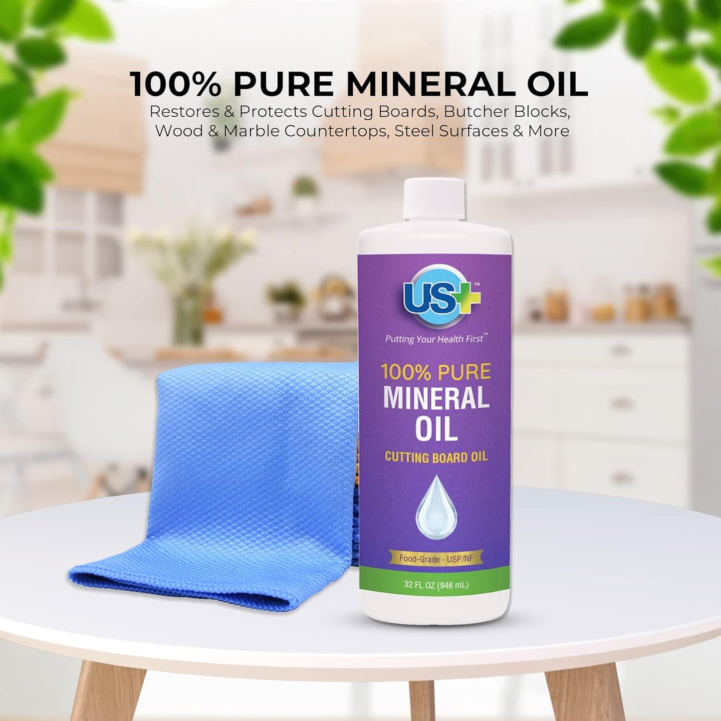 USplus 100% Pure Mineral Oil, Cutting Board Oil, Food-Grade, 946 ml / 32 fl oz