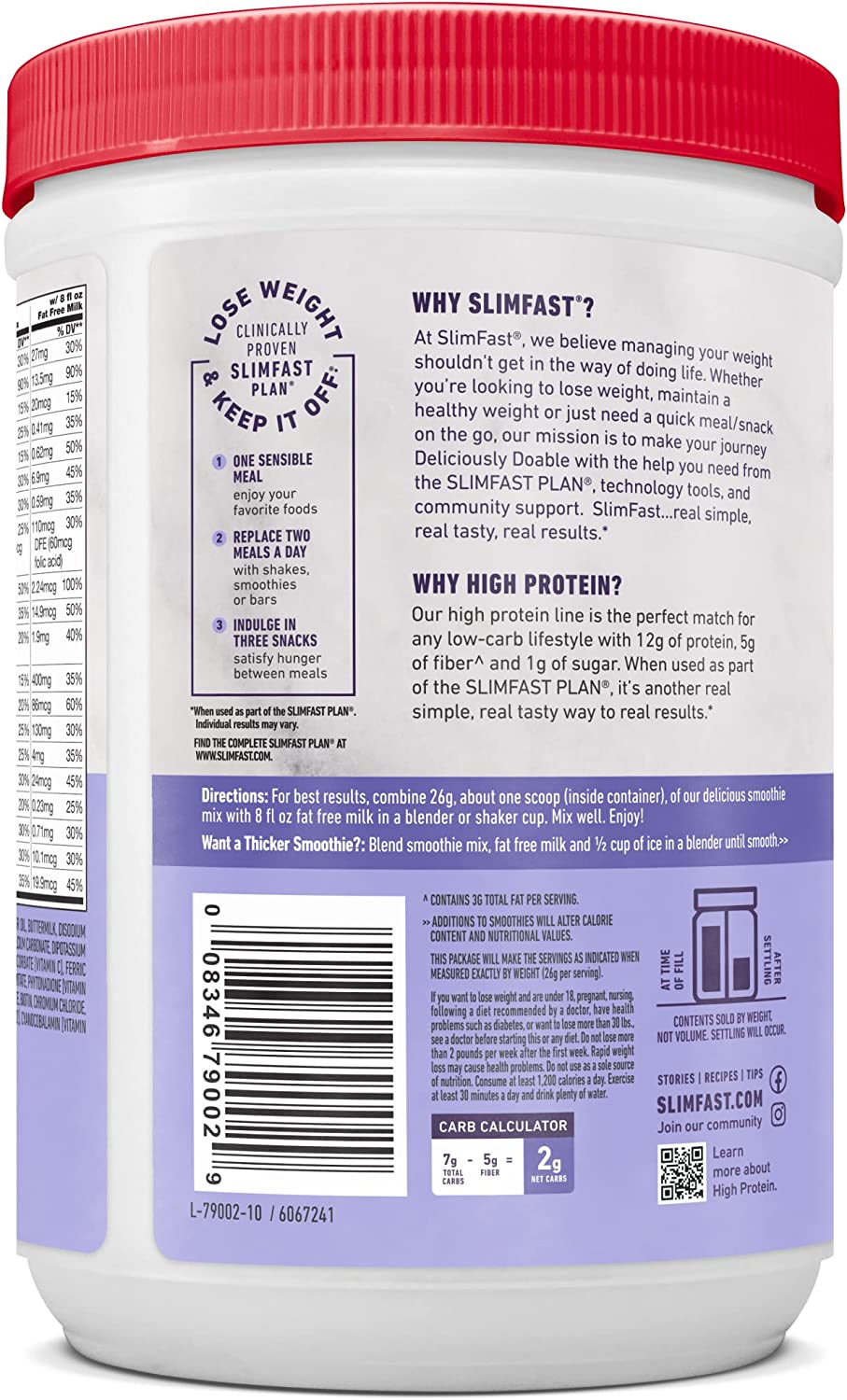 Slimfast Advanced Nutrition Smoothie Mix 20 g High Protein Gluten free Vanilla Cream 11 Oz 312g