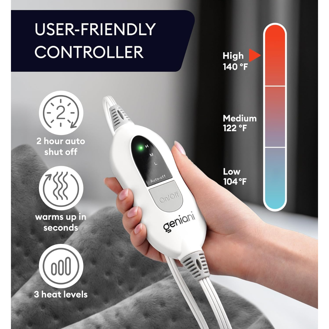 Geniani XL Electric Heating Pad, Soft Heat Pad for Moist & Dry Therapy (Tabby Gray) NO BOX
