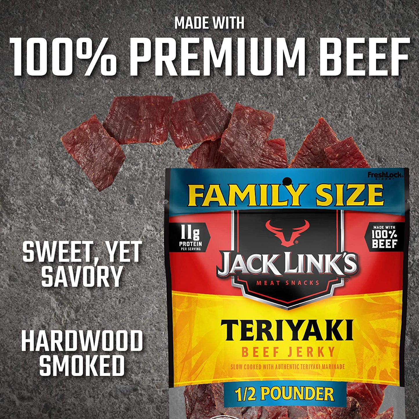 Jack Link’s Teriyaki Beef Jerky 1/2 Pounder Bag Made with 100% Premium Beef Flavorful Meat Snack