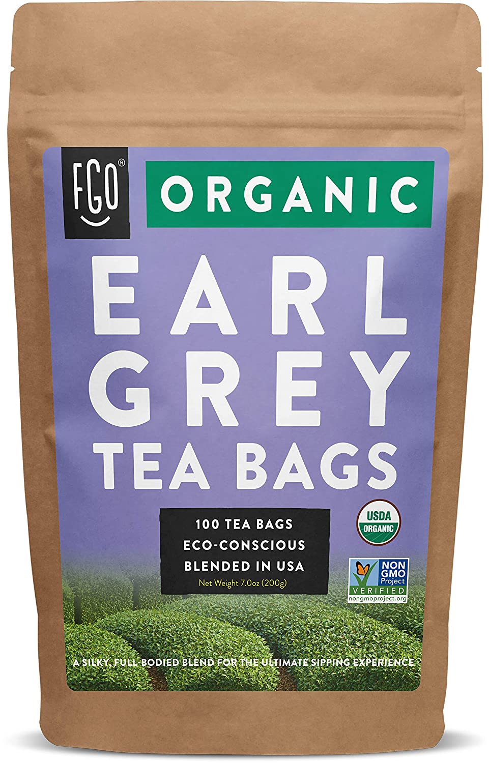 FGO Organic Earl Grey Black 100 Tea Bags Chinese Keemun, Indian Assam and Italian Bergamot Blend
