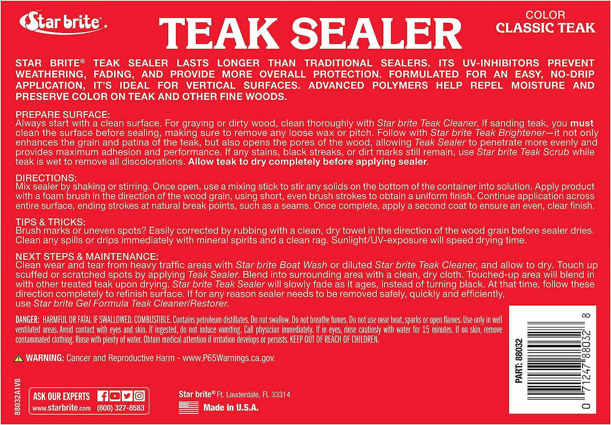 Star Brite Teak Sealer One Coat Marine Grade Formula Classic Teak, 16 oz / 473 ml