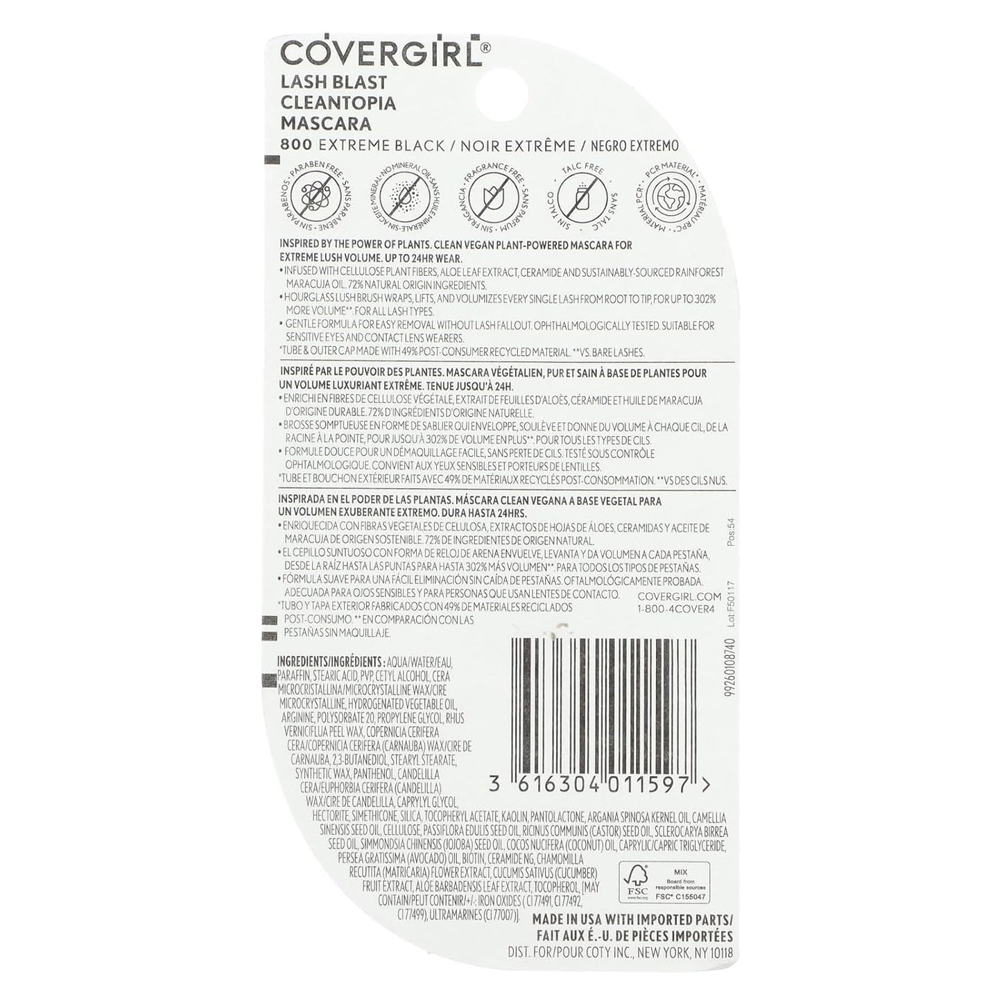 Covergirl Lash Blast Cleantopia Extreme Lush Volume 800 Extreme Black, 9.5 ml / 0.32 fl. oz.