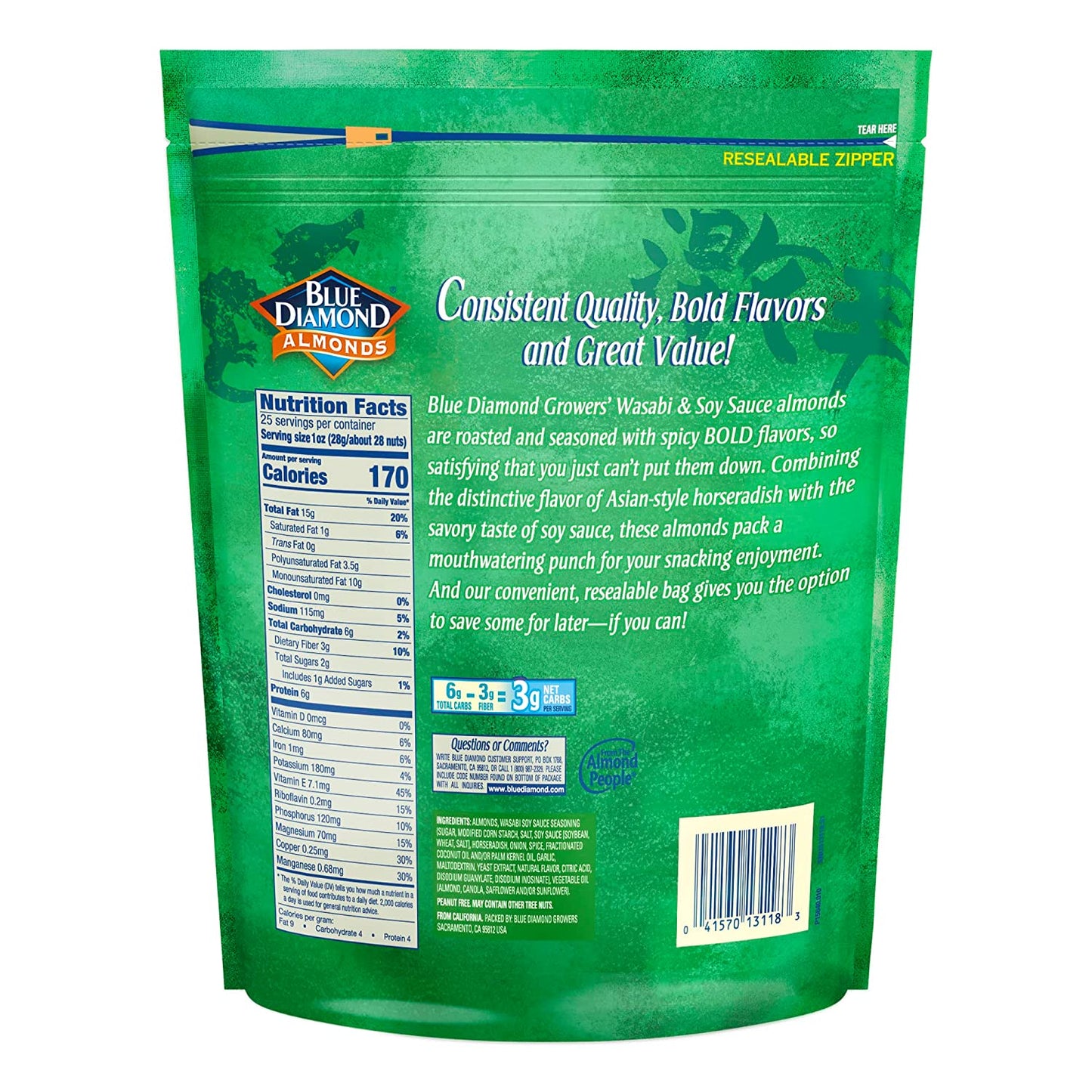 Blue Diamond Almonds Bold Wasabi & Soy Sauce Flavored Snack Nuts