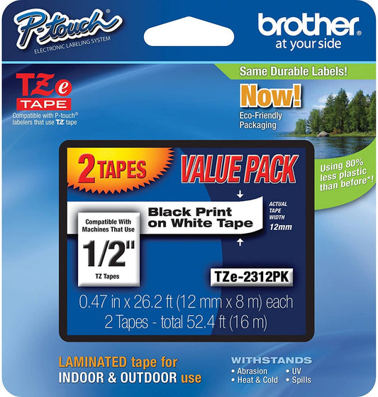Brother TZe2312PK P-touch Laminated Black On White Tape, 2 Tapes, Total 52.4 ft / 16 m